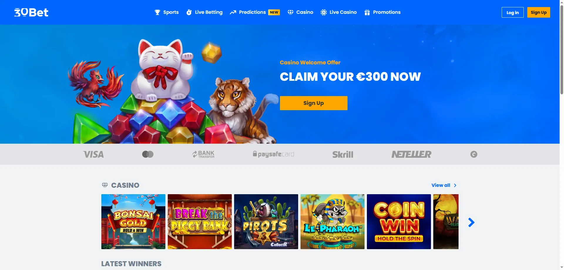 Apostas esportivas e eSports disponíveis no 30bet Casino